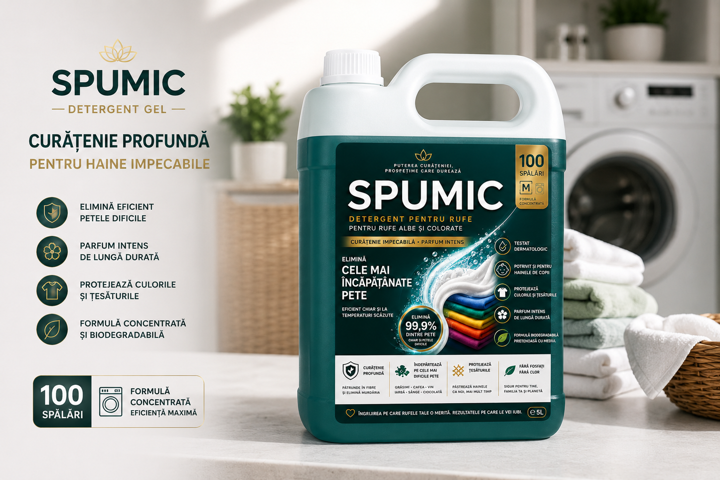 Detergent SPUMIC Gel Profesional 5L – Minim 100 Spălări | Curățare Premium & Parfum Intens