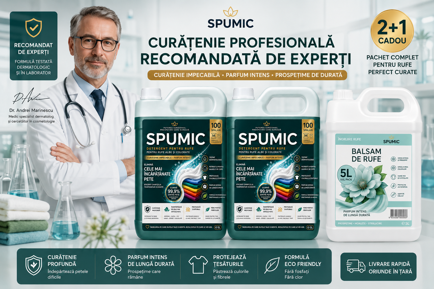 Pachet SPUMIC 2+1 – 2x Detergent 5L + Balsam Premium 5L