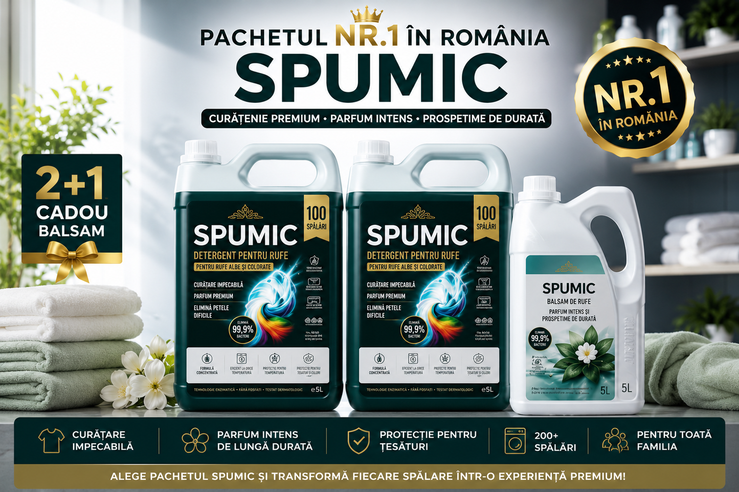 Pachet SPUMIC 2+1 – 2x Detergent 5L + Balsam Premium 5L