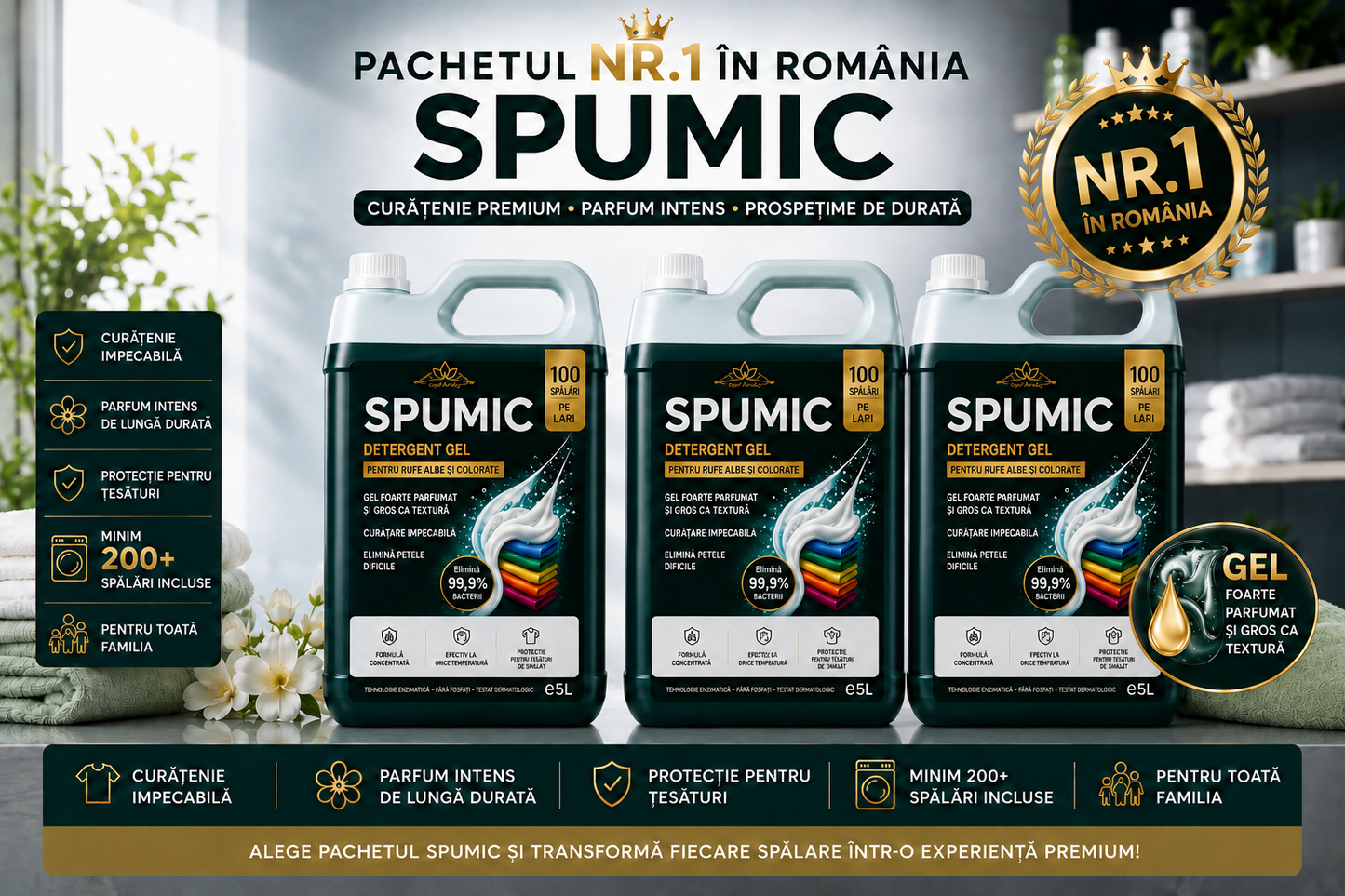 SPUMIC 3x5L Detergent GEL Profesional – 300+ Spălări Premium