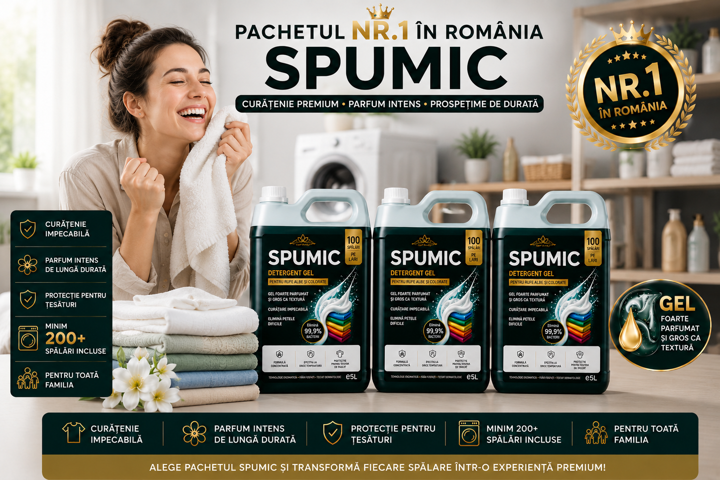 SPUMIC 3x5L Detergent GEL Profesional – 300+ Spălări Premium